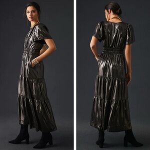 Anthropologie Black Flutter Sleeve V-Neck Maxi Gown